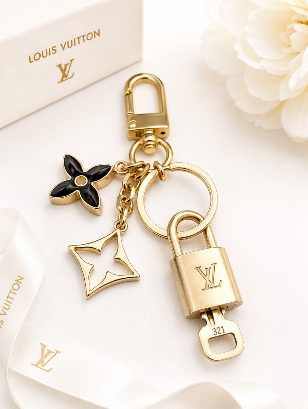 Louis Vuitton Authentic Gold Padlock 🔑 Key +Stylish Unbranded Flower Bag Charm